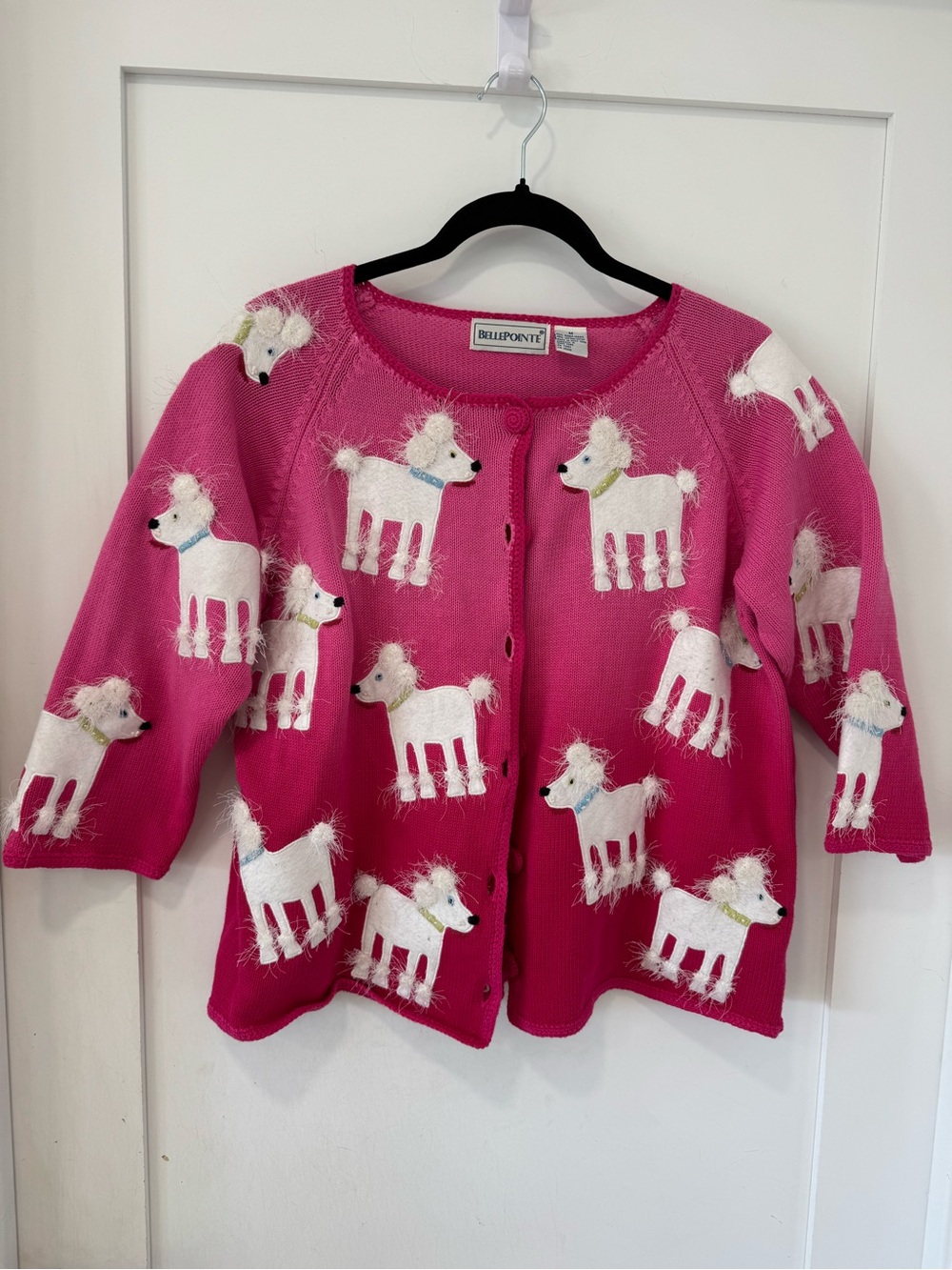 Vintage Hot Pink Cardigan with White Poodle Appliqués. Only worn once.